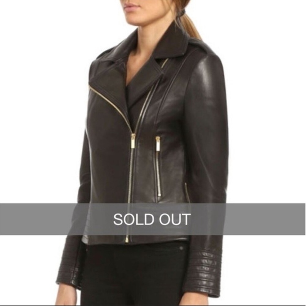 BADGLEY MISCHKA Gia Moto Asymmetrical Zipper Leather Jacket Size XS Black Gold